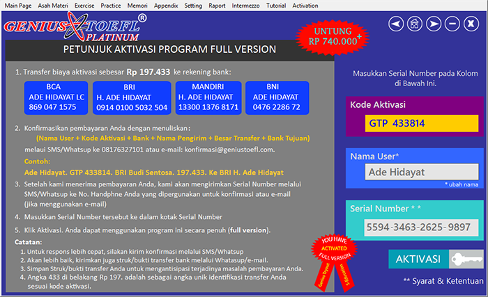 halaman aktivasi serial number software genius toefl platinum
